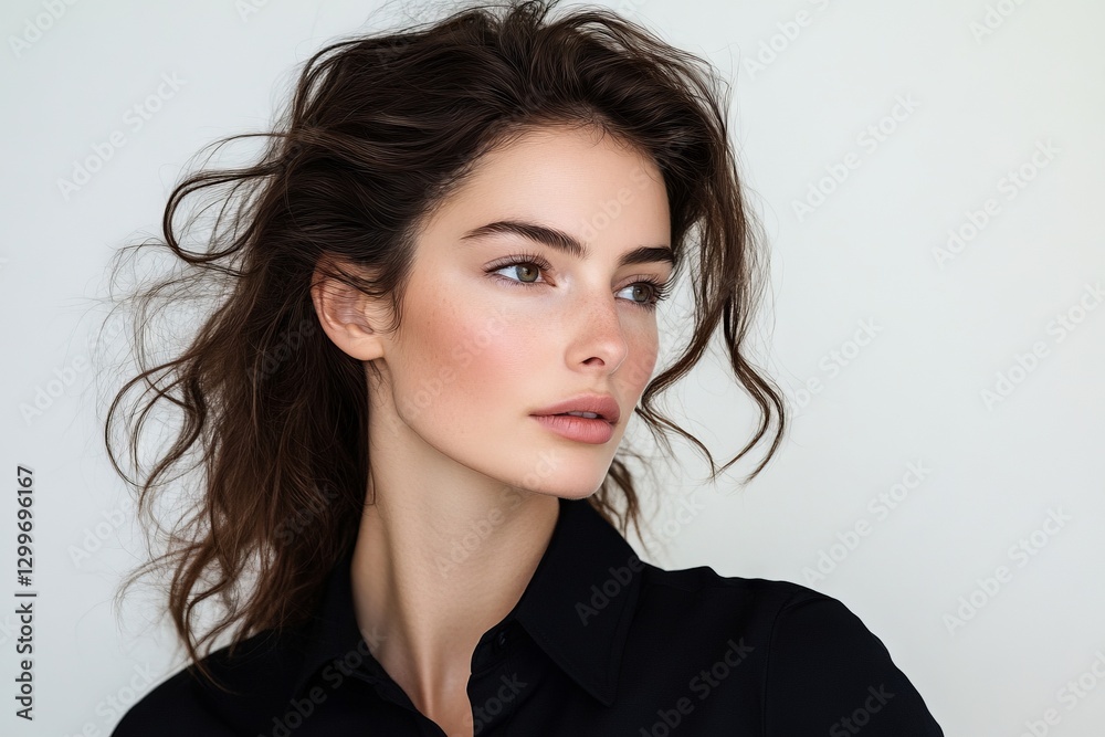 Natural beauty captured with flowing hair and a serene expression in a minimalist setting Natural beauty captured with flowing hair and a serene expression in a minimalist setting