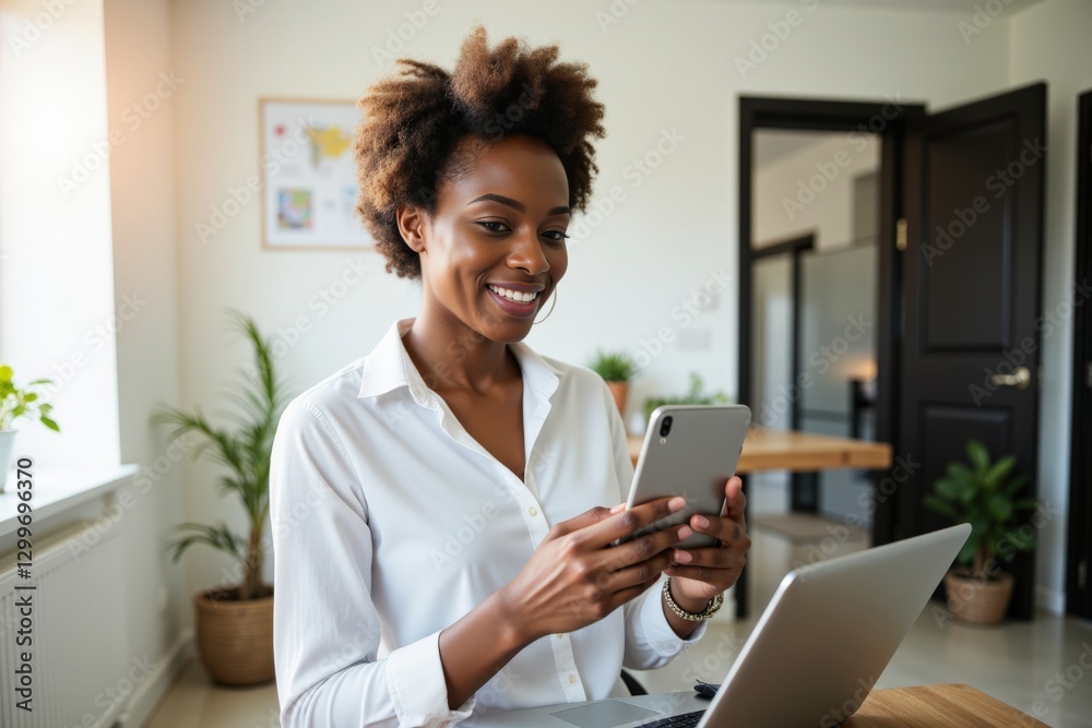Young African American Woman Engaging with Smartphone While Working from Home at Stylish Modern Desk with Laptop and Houseplants Young African American Woman Engaging with Smartphone While Working from Home at Stylish Modern Desk with Laptop and Houseplants