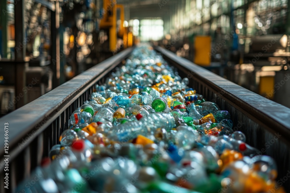 Plastic bottles on conveyor belt in recycling facility demonstrating the recycling process and sustainability efforts Plastic bottles on conveyor belt in recycling facility demonstrating the recycling process and sustainability efforts