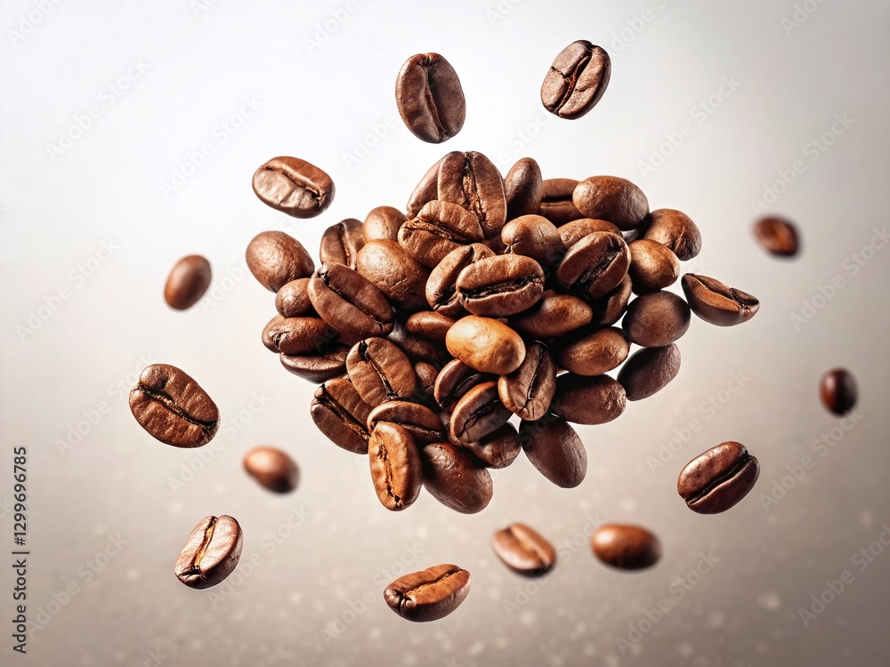 Obraz premium Slow Motion Falling Coffee Beans, White Background, Studio Shot, Food Photography, Product Image