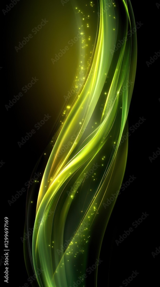 Obraz premium Abstract swirling glowing green leaves on dark background