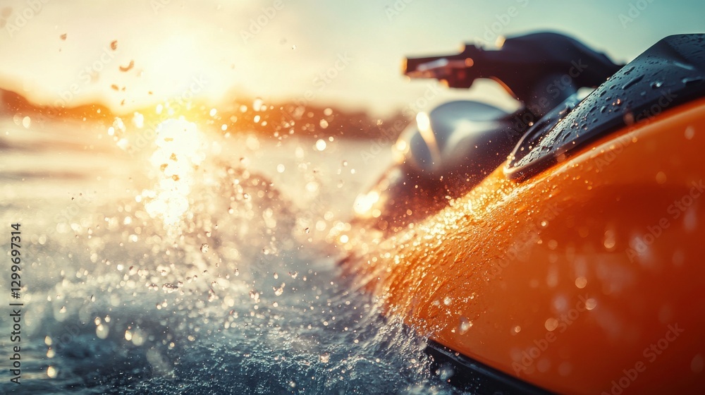 Naklejka premium Close-Up of Jet Ski on Ocean Waves at Sunset