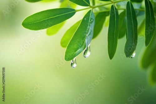 Dewdrops on vibrant green leaves.