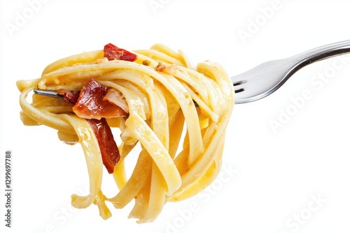 Exquisite close up of classic linguine pasta carbonara twirled on fork with creamy sauce on white background