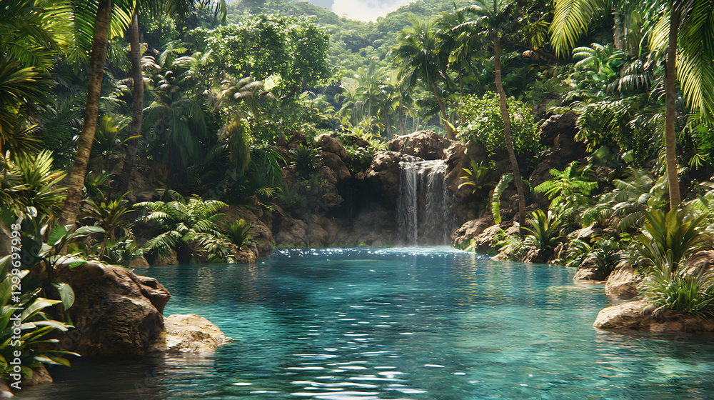 Naklejka premium Lush Tropical Waterfall Pool in a Vibrant Green Jungle