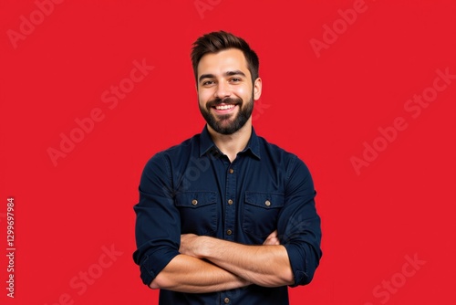 Confident Young Adult Male Smiling in a Dark Shirt with Arms Crossed Against a Bright Red Background, Embodying Approachability and Charisma photo