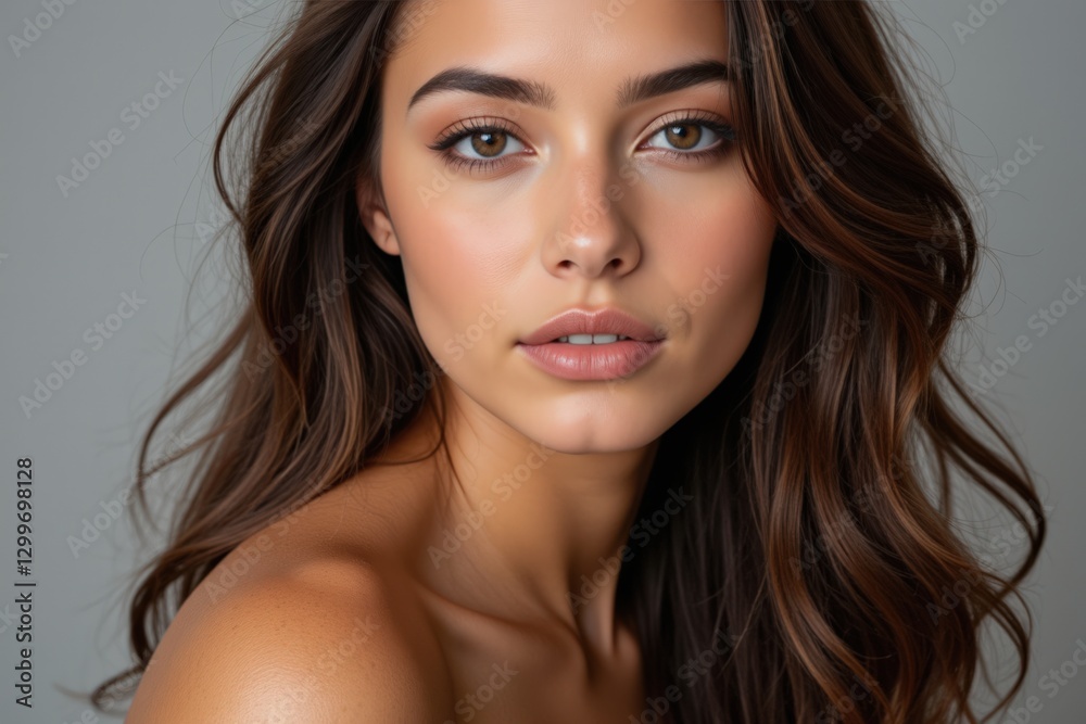 Stunning Portrait of a Young Adult Hispanic Woman with Long Brown Hair and Natural Makeup Against a Simple Gray Background Stunning Portrait of a Young Adult Hispanic Woman with Long Brown Hair and Natural Makeup Against a Simple Gray Background