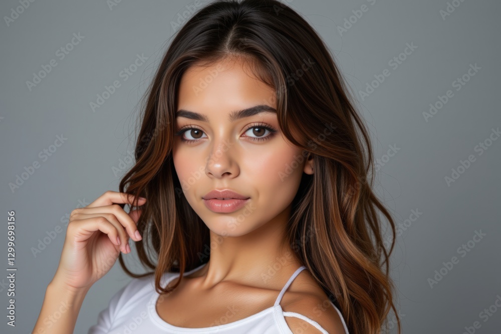 Portrait of a Beautiful Young Woman with Long Brown Hair and Glowing Skin Against a Neutral Background, Capturing Natural Elegance and Confidence Portrait of a Beautiful Young Woman with Long Brown Hair and Glowing Skin Against a Neutral Background, Capturing Natural Elegance and Confidence
