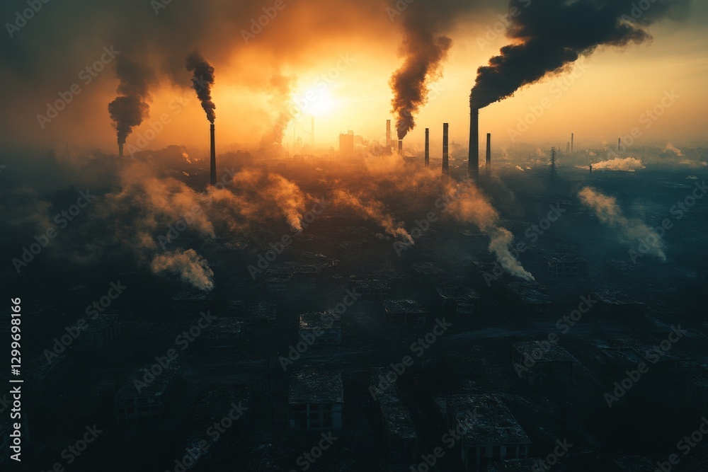 Industrial skyline enveloped in smoke at sunset highlighting environmental concerns in an urban area Industrial skyline enveloped in smoke at sunset highlighting environmental concerns in an urban area