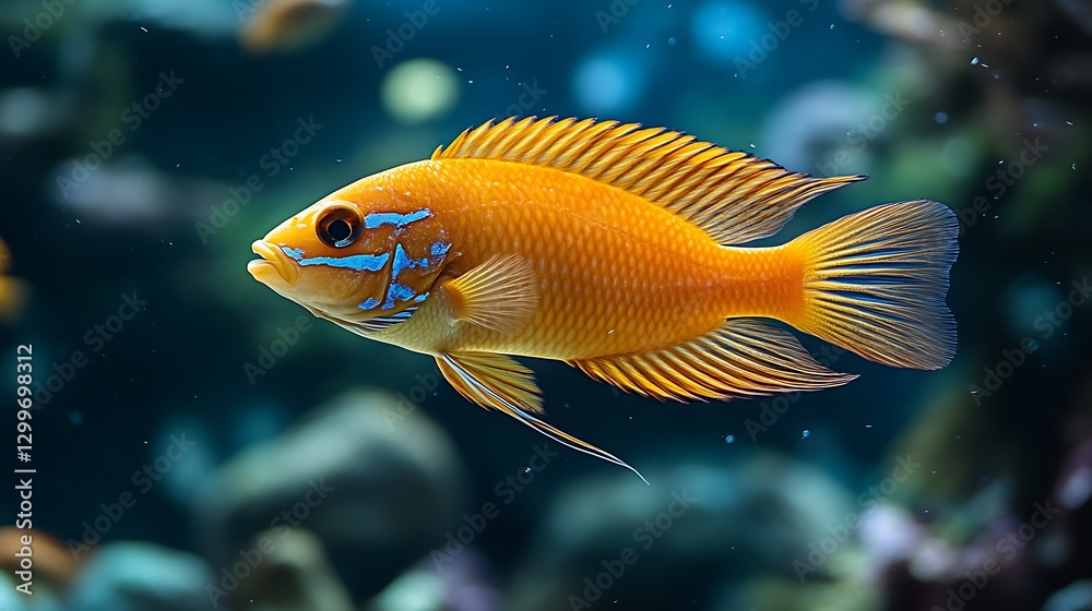 Orange Cichlid Fish in Aquarium Decorative Background Orange Cichlid Fish in Aquarium Decorative Background