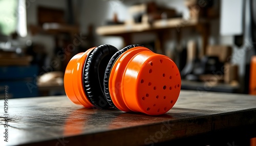 Orange parts on workbench photo