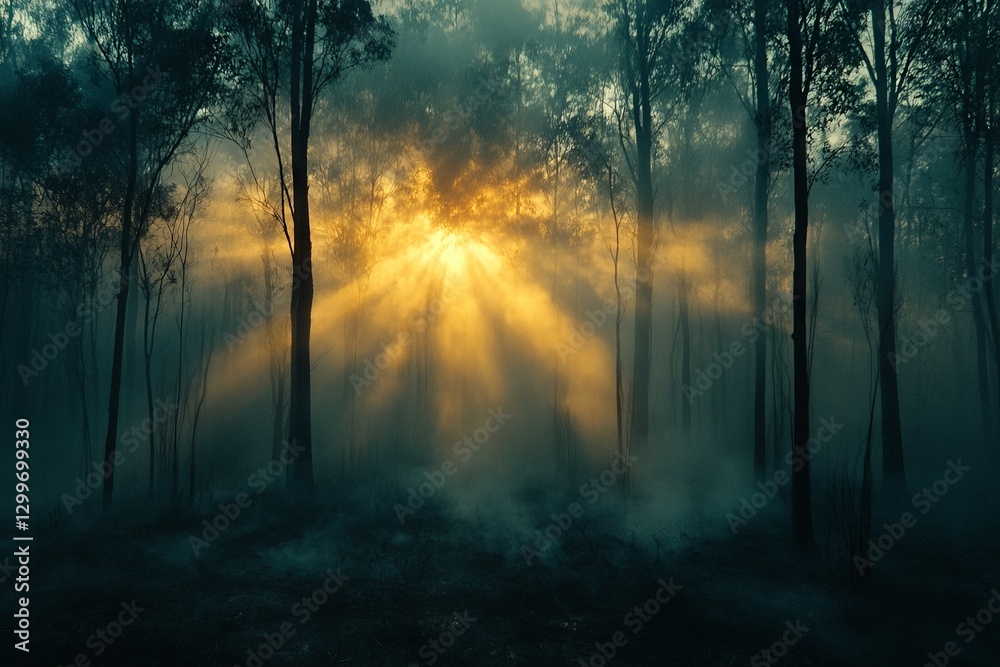 Fototapeta premium Sunlight breaks through trees in a misty forest at dawn