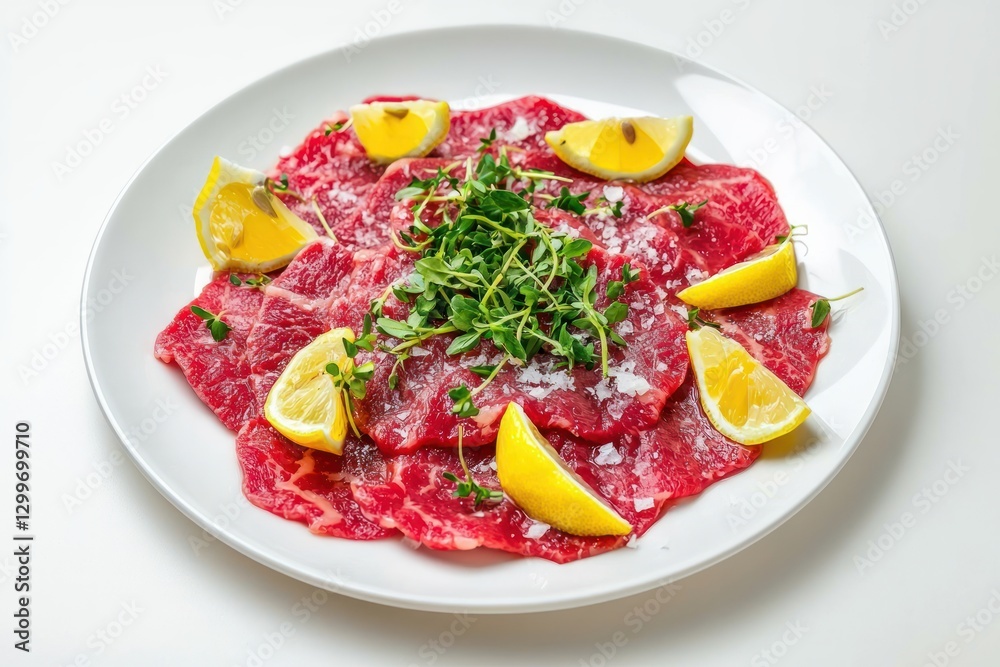 Appetizing Raw Beef Carpaccio with Fresh Thyme Lemon and Delicate Salt Enhancing Flavorful Culinary Art Appetizing Raw Beef Carpaccio with Fresh Thyme Lemon and Delicate Salt Enhancing Flavorful Culinary Art