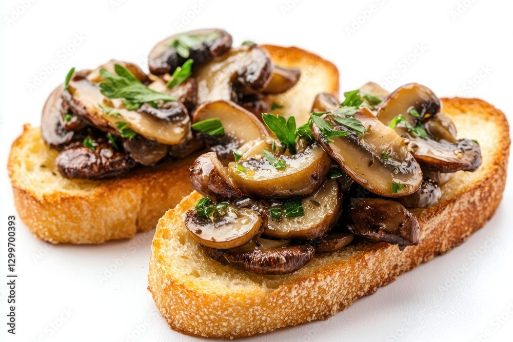 Two Mushroom Bruschetta Topped with Parsley Sprigs on White Background Showing Appetizing Italian Cuisine Two Mushroom Bruschetta Topped with Parsley Sprigs on White Background Showing Appetizing Italian Cuisine