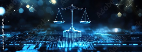 Digital scales of justice on circuit board.
