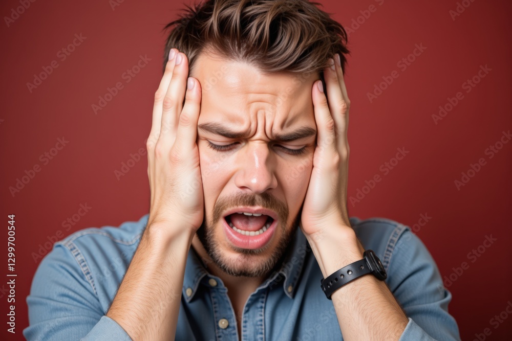 Frustrated Young Caucasian Male in Casual Attire Expressing Stress and Anxiety Against a Solid Red Background Frustrated Young Caucasian Male in Casual Attire Expressing Stress and Anxiety Against a Solid Red Background