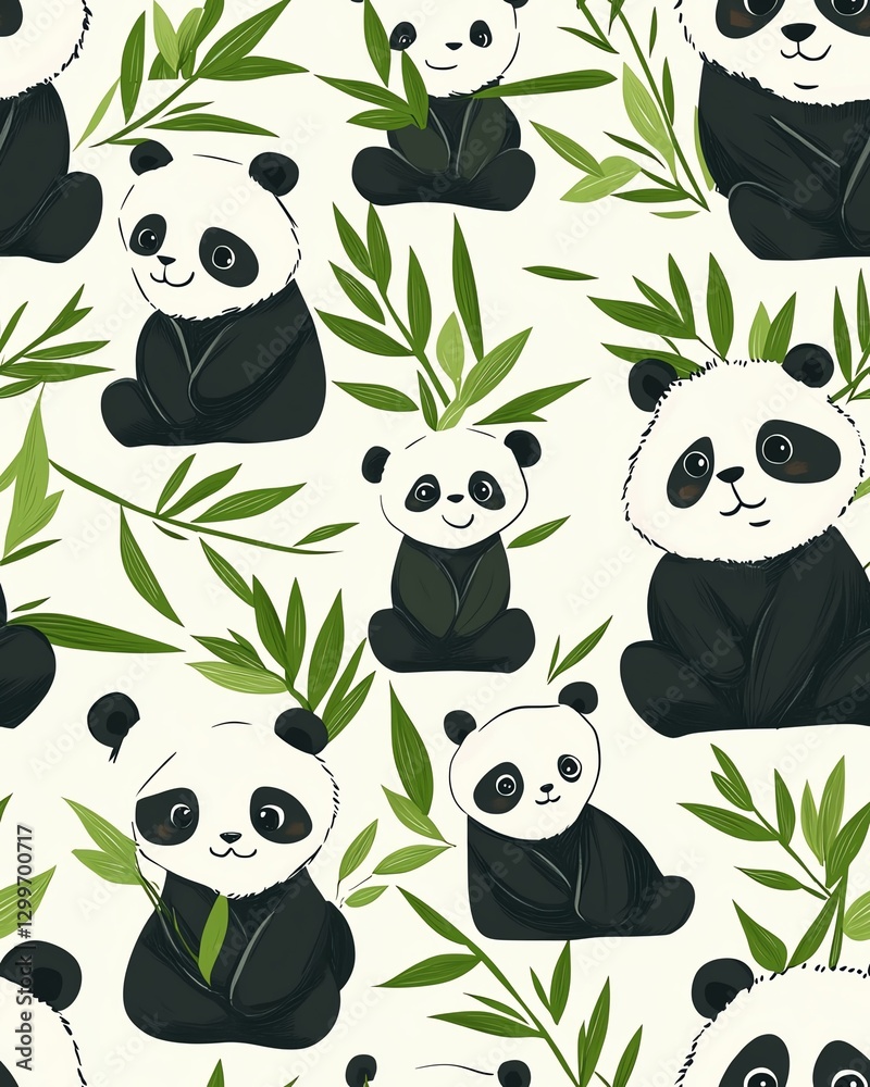 Obraz premium Minimalist pastel fox illustration background Charming panda pattern with bamboo leaves.