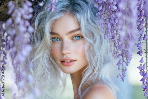 Beautiful young woman with blonde hair among purple flowers