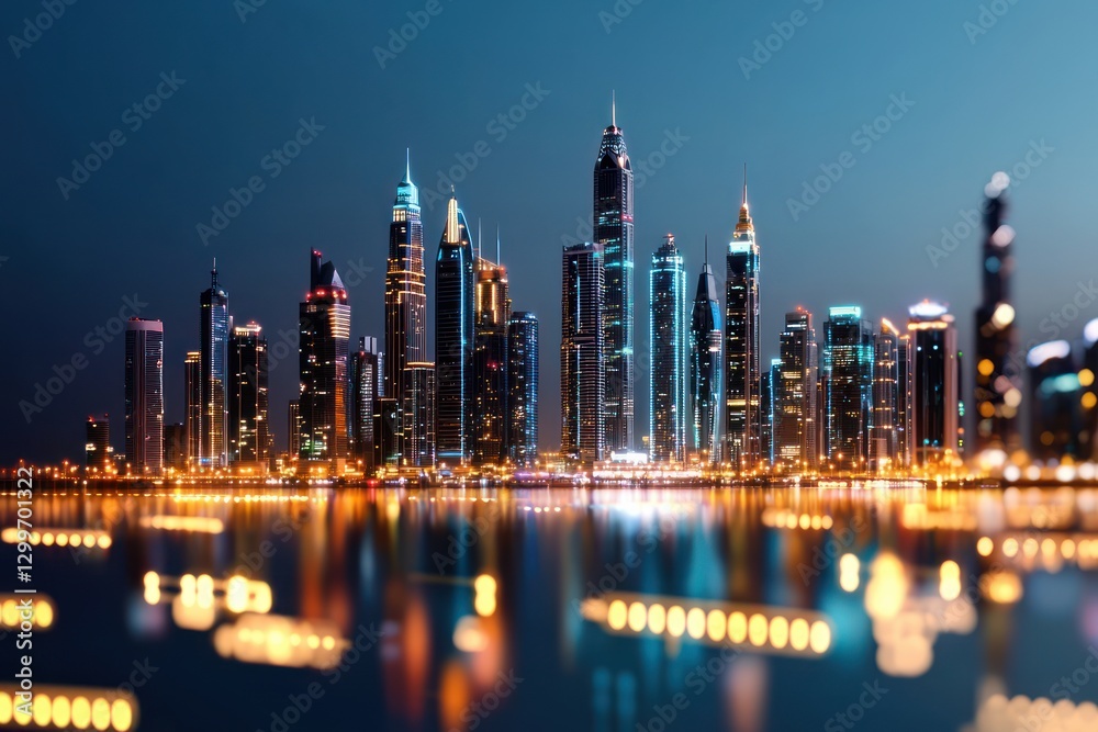 Obraz premium Sparkling Cityscape at Night Captivating Modern Architecture and Glowing Lights Reflecting on Water