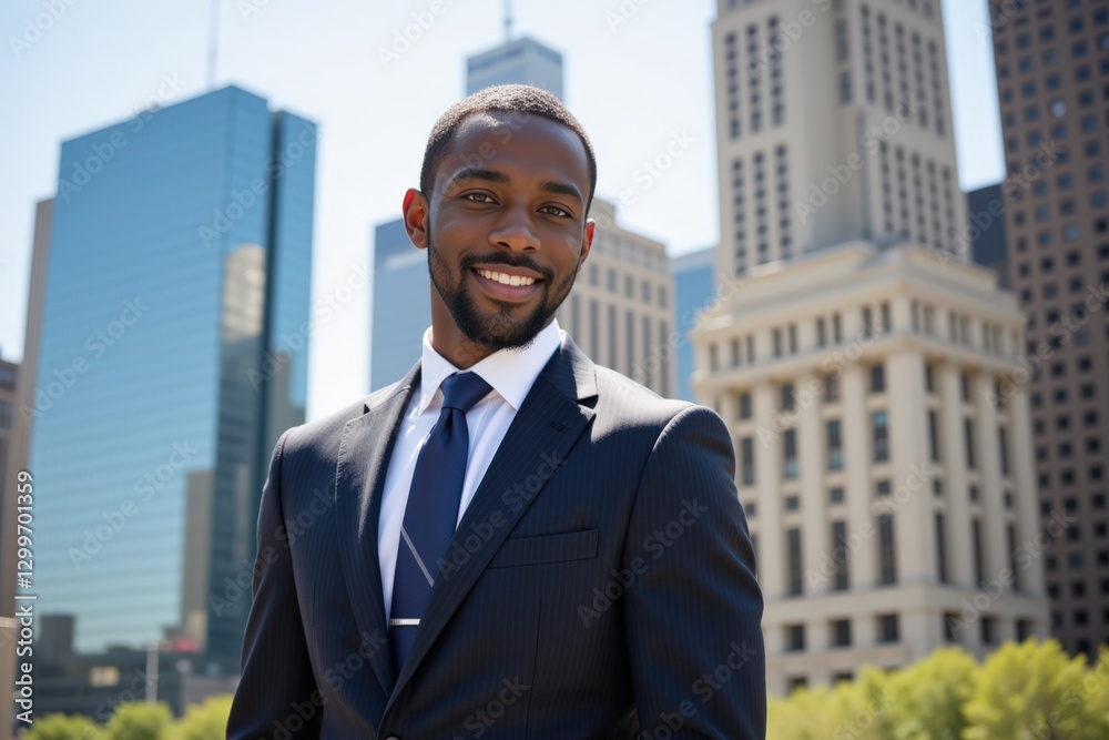 Confident African American Male Business Professional Standing in Urban Landscape with Modern Architecture in the Background