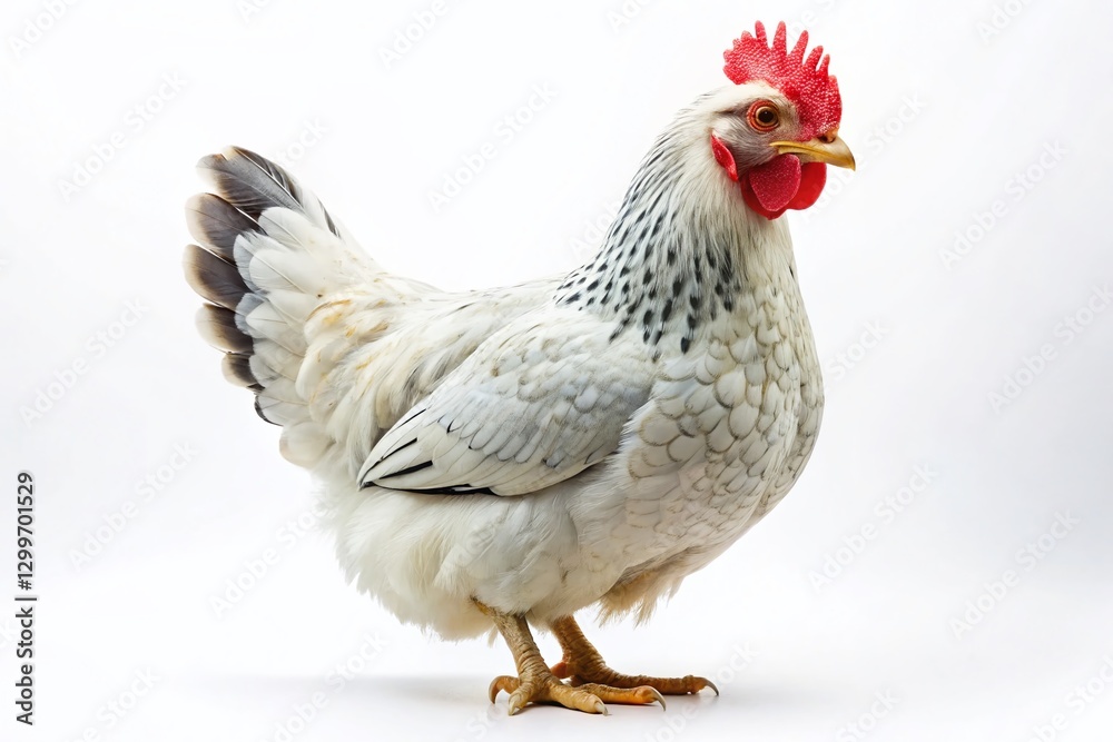 Fototapeta premium Speckled White Hen Studio Shot - Isolated Poultry Bird on White Background