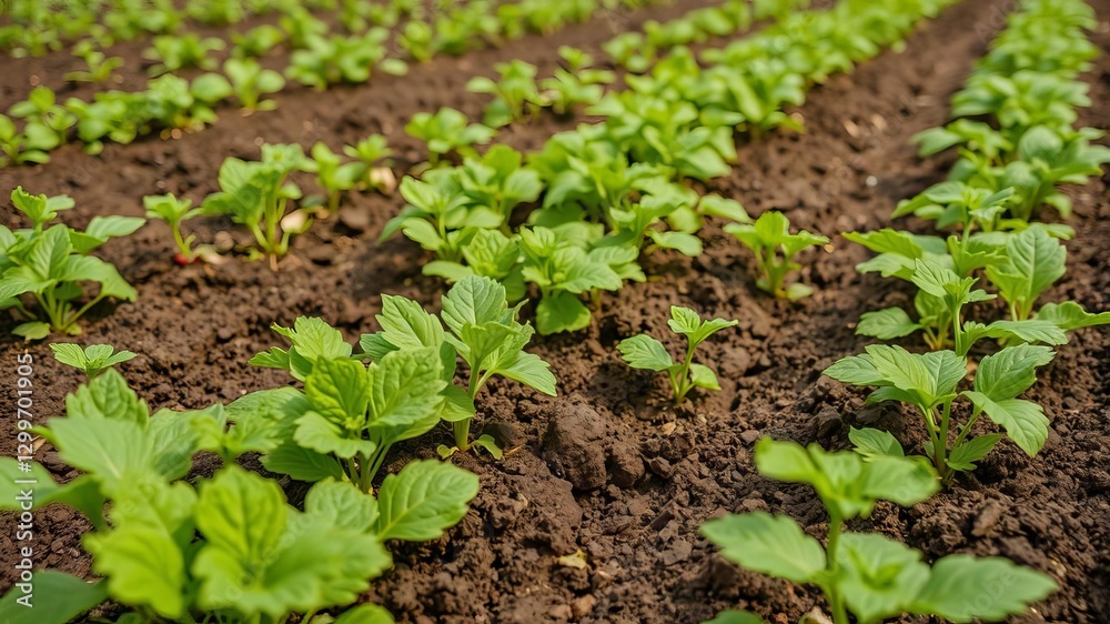 A scenic view of a vibrant green field filled with rows of healthy organic vegetables growing sustainably, plant, growth A scenic view of a vibrant green field filled with rows of healthy organic vegetables growing sustainably, plant, growth