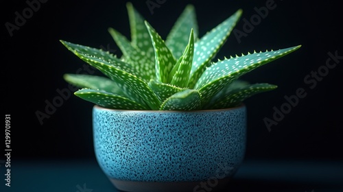 Aloe Vera Plant in Teal Pot, Dark Background