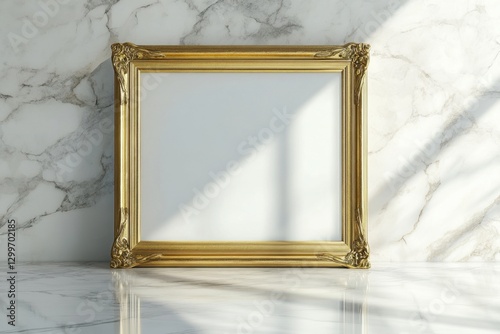 Elegant Gold Framed Empty Picture Frame on Marble Background