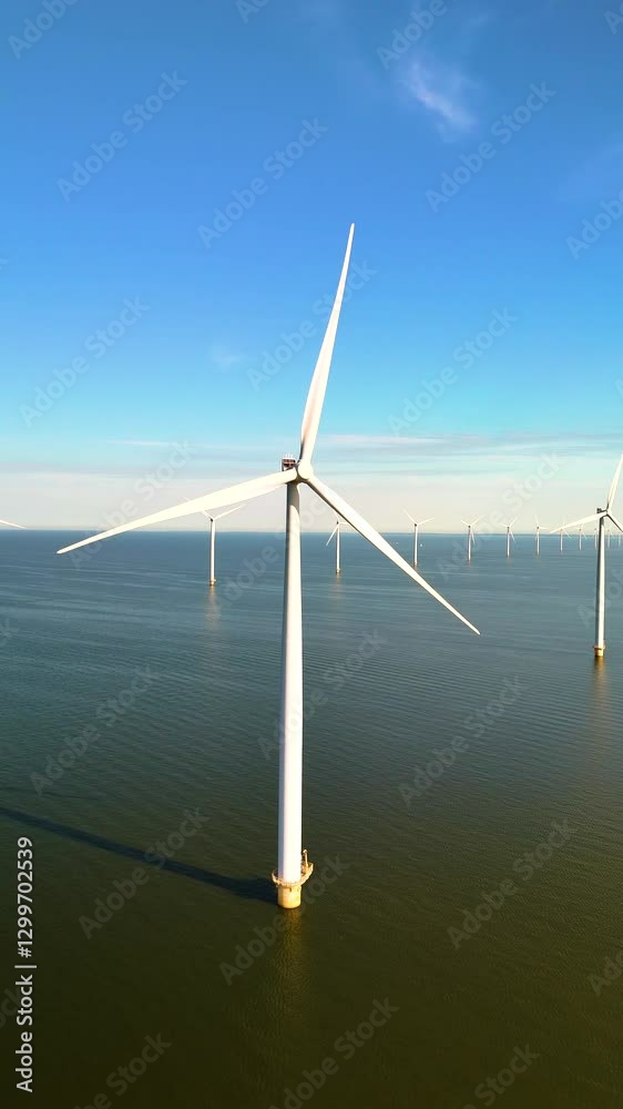 Elegant wind turbines turn effortlessly, harnessing the power of the wind to generate clean energy. Windmill park in the ocean, drone aerial view of windmill turbines Elegant wind turbines turn effortlessly, harnessing the power of the wind to generate clean energy. Windmill park in the ocean, drone aerial view of windmill turbines