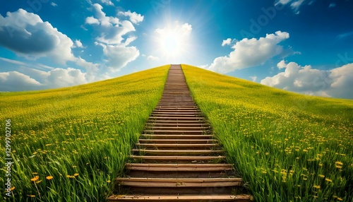 青空と太陽の下、黄色い花畑を登る木製の階段 - 自然の美しさと癒しの風景