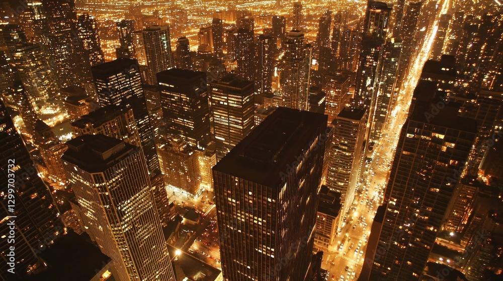 Obraz premium Aerial night view of city skyline, illuminated buildings and streets.