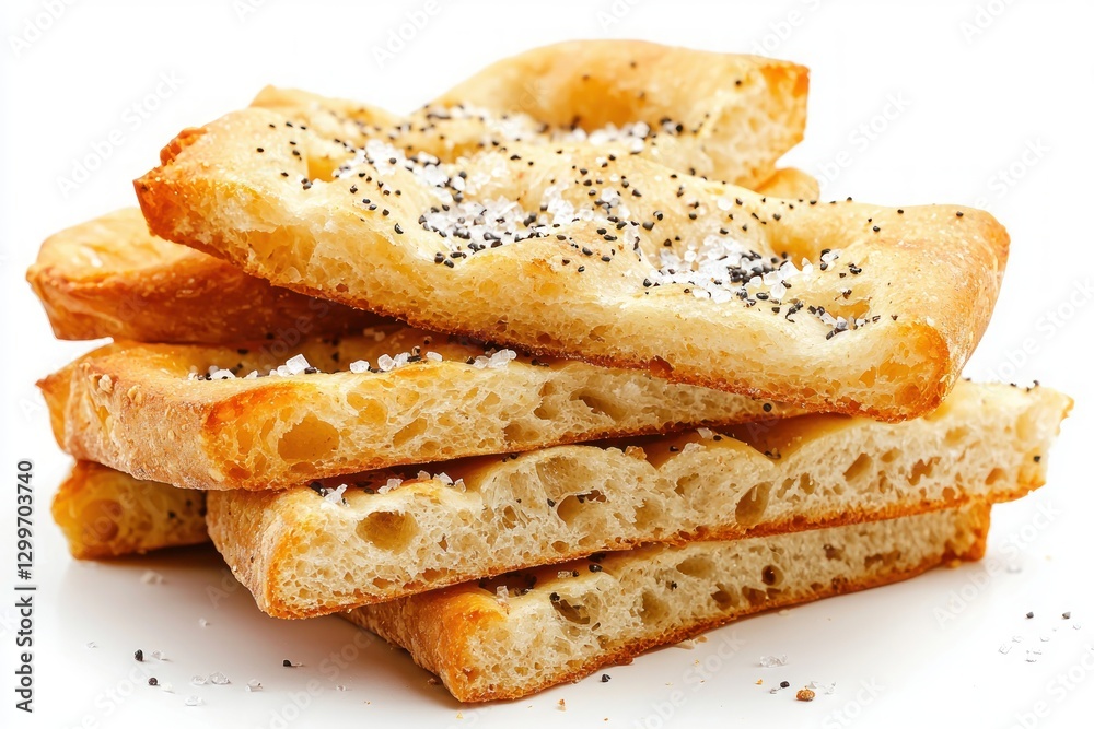 Captivating stack of focaccia bread squares with poppy seeds and salt on a white background Captivating stack of focaccia bread squares with poppy seeds and salt on a white background