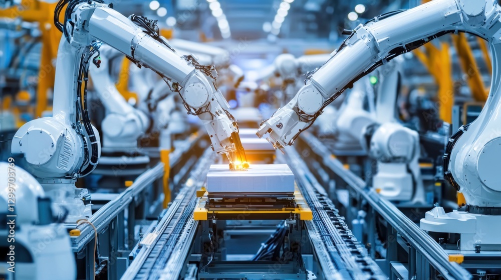 Advanced robotic arms weld on automated assembly line in industrial factory with futuristic technology production Advanced robotic arms weld on automated assembly line in industrial factory with futuristic technology production