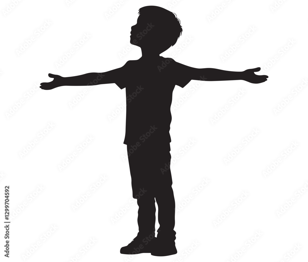 Silhouette of a young man. Open to the world. Silhouette of a man standing with arms raised. Silhouette of a young man. Open to the world. Silhouette of a man standing with arms raised.