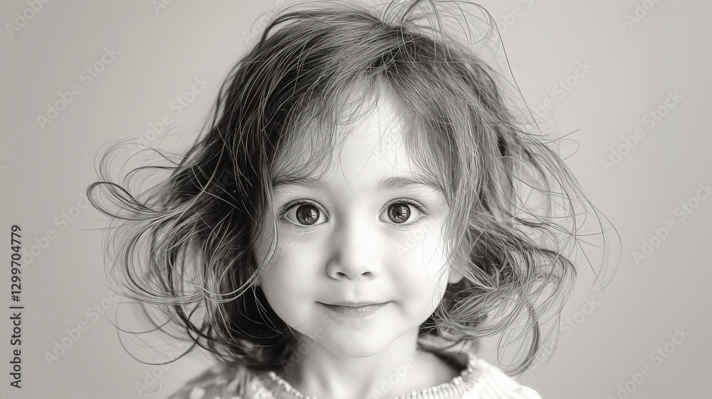 Artistic black and white portrait of a young girl gazing upward, featuring dynamic curly hair and detailed facial features. Artistic black and white portrait of a young girl gazing upward, featuring dynamic curly hair and detailed facial features.