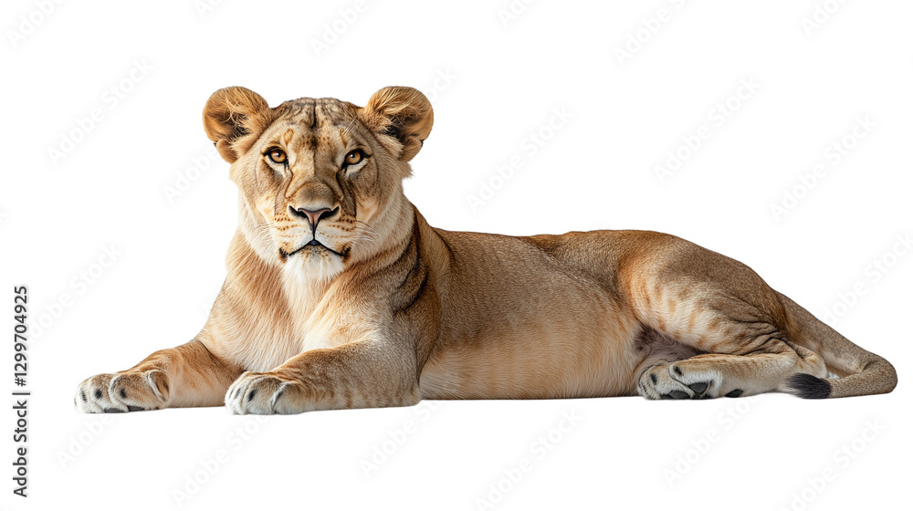 Fototapeta premium Full-body lion portrait, lying down, isolated on transparent background, representing strength, power, and the majestic wildlife predator from the African jungle.