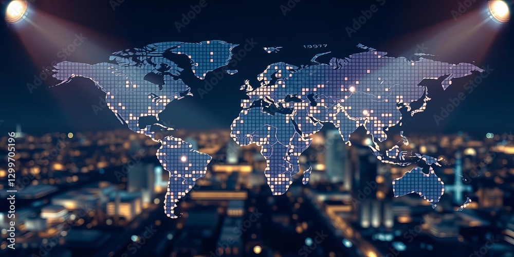 Fototapeta premium Creative glowing digital pixel squares world map with spotlights on blurry city backdrop, global business concept double exposure, global business, world
