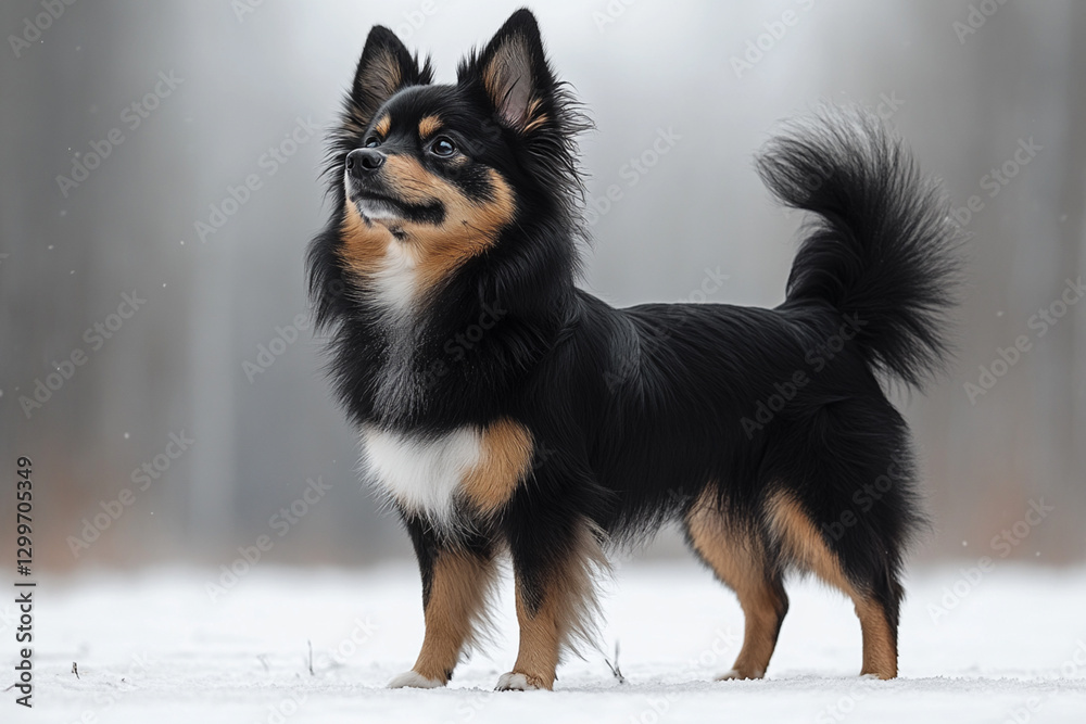 Fototapeta premium German Spitz dog standing in a natural setting. Animal side portrait.