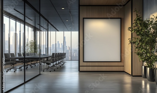 Modern office interior with empty framed mockup poster on the wall and conference room with glass partition. 3D Rendering,
