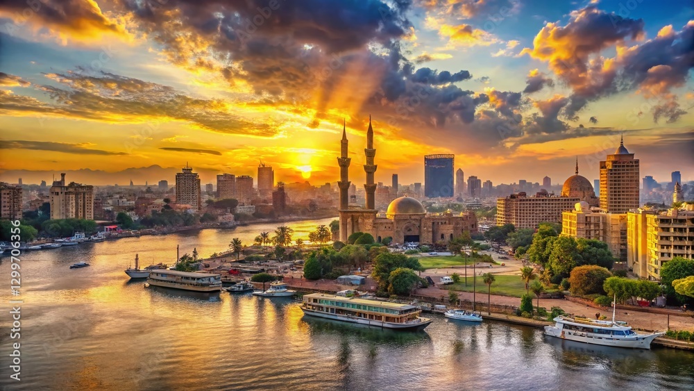 Fototapeta premium Stunning High-Resolution Nile River Cairo Skyline Panorama at Sunset