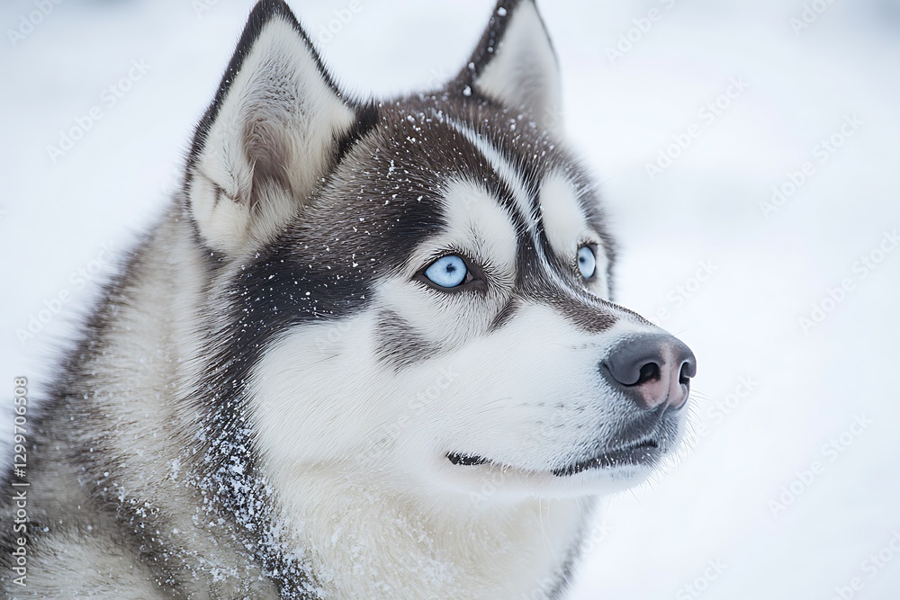 Naklejka premium Portrait of a beautiful husky dog with blue eyes and snow