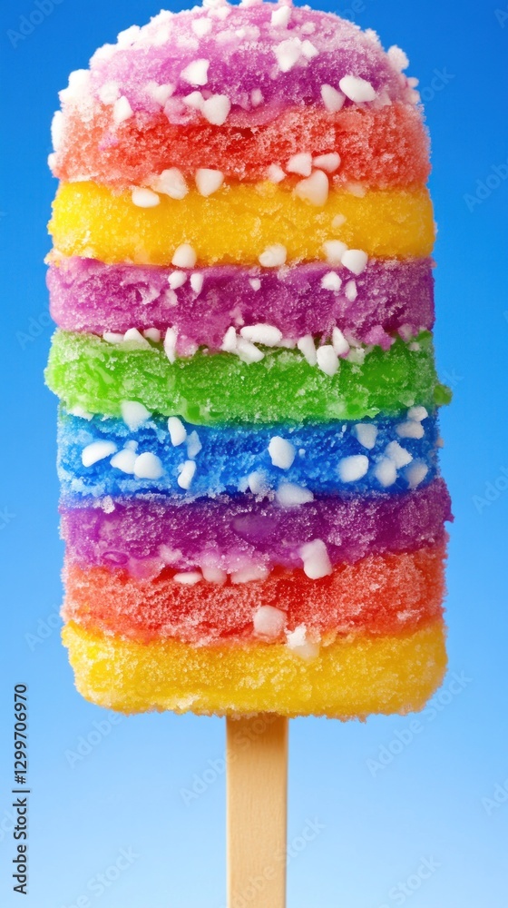 Colorful layered ice pop with sprinkles on a stick, against a bright blue gradient background Colorful layered ice pop with sprinkles on a stick, against a bright blue gradient background