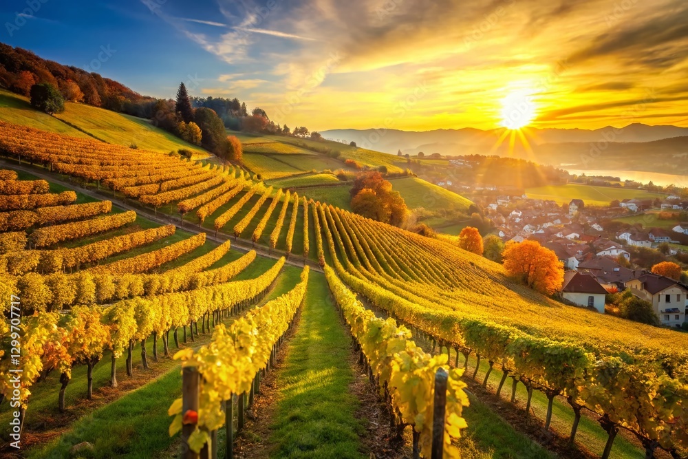 Fototapeta premium Stunning Swiss Vineyard Landscape at Chexbres - Copy Space