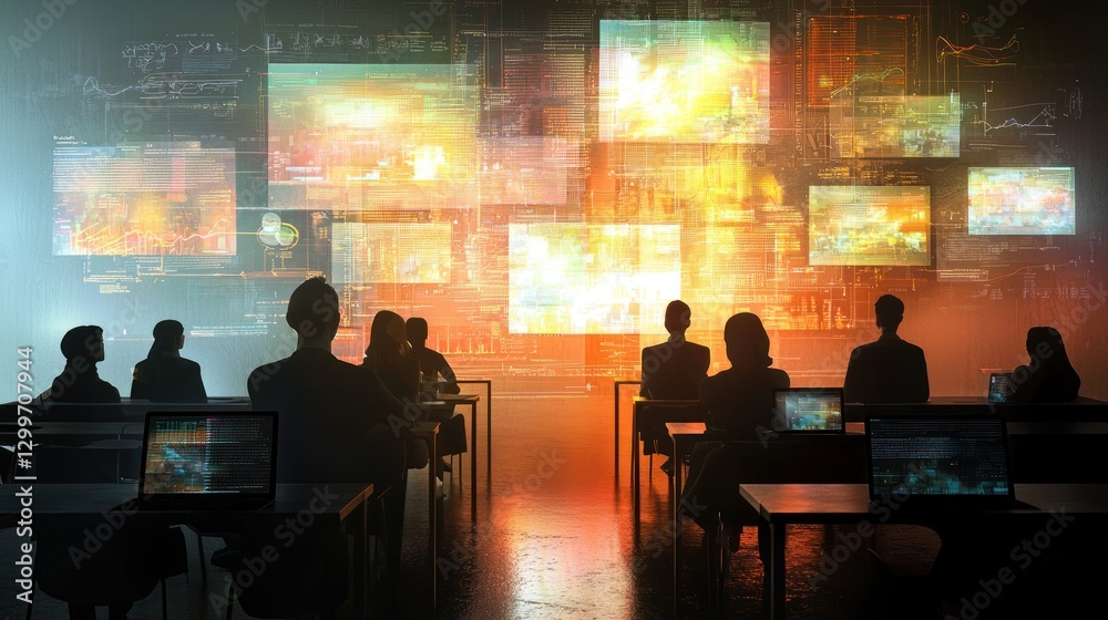Silhouetted figures in a dark room viewing a large screen displaying data streams. Silhouetted figures in a dark room viewing a large screen displaying data streams.