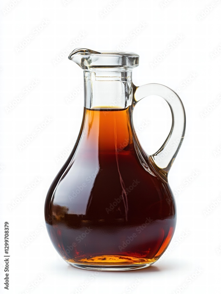 Transparent glass pitcher filled with dark syrupy liquid isolated Transparent glass pitcher filled with dark syrupy liquid isolated