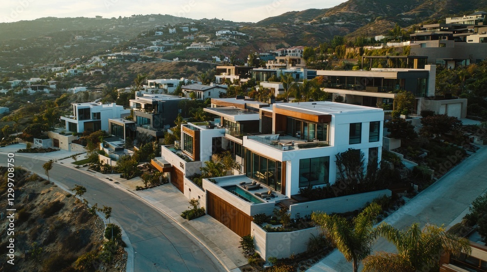 Fototapeta premium Aerial view of luxury homes on a hillside at sunset.