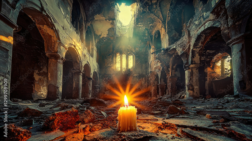 Obraz premium A solitary candle illuminates the ruins of an ancient, abandoned church, with shafts of light streaming through broken windows