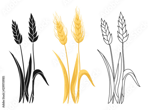 Wheat ear hand drawn set. Grain sign doodle line, silhouette, cartoon flat style collection. Wheat ear spikes icon. Cereals grain, agriculture, stalk, bread food, harvest symbol. Vector illustration
