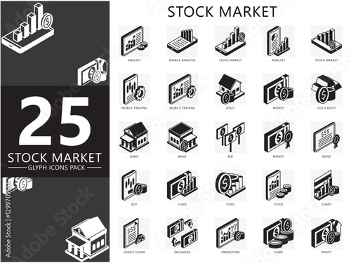 Stock market glyph isometric 3d icons set, contain analysis, bank, fund, money, asset, chart, trading and more. For print, digital concept, UI, UX kit, web and app. vector EPS 10 for business, finance
