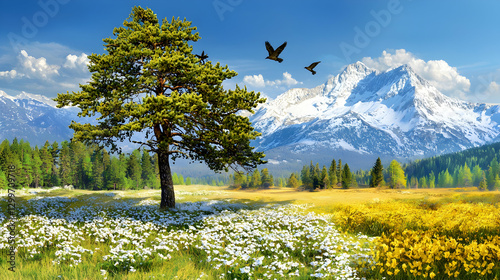 Birds Flying Over a Mountain Meadow with a Lone Pine Tree